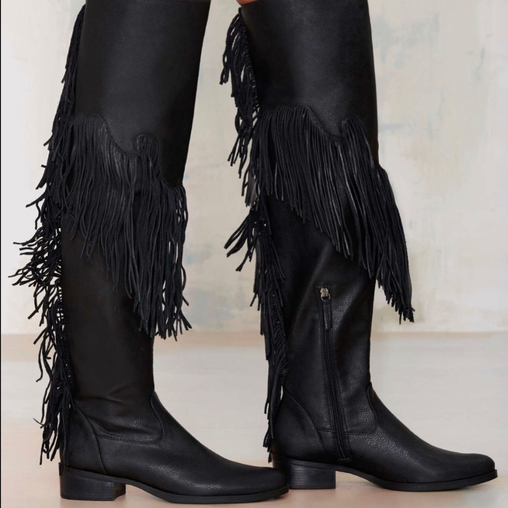 Schutz Kim thigh high leather fringe boots